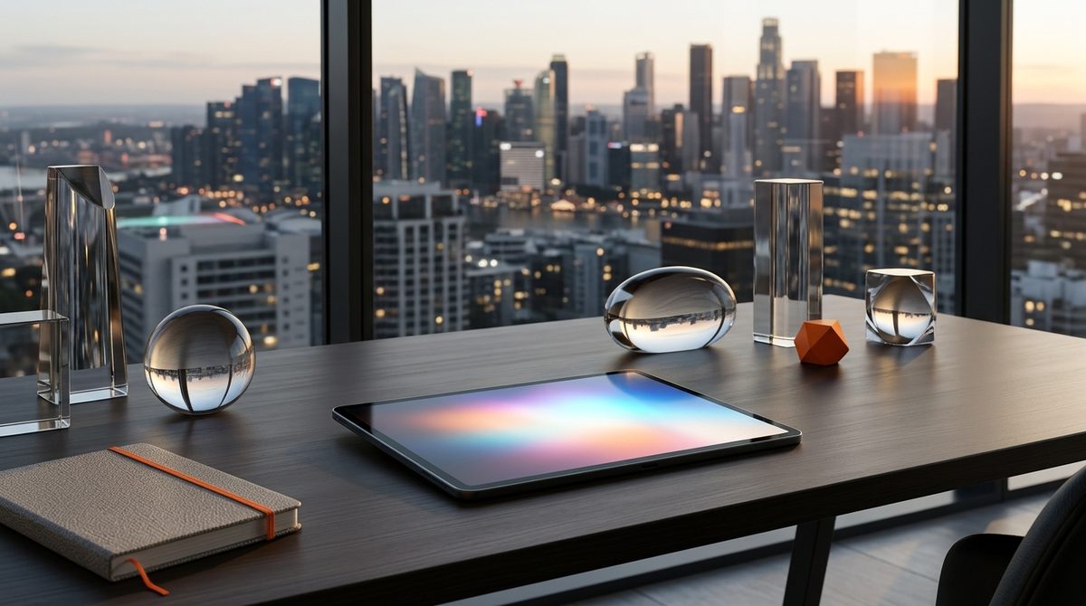 Glowing tablet and glass sculptures on an office desk illustrating 2024 Digital Marketing Trends