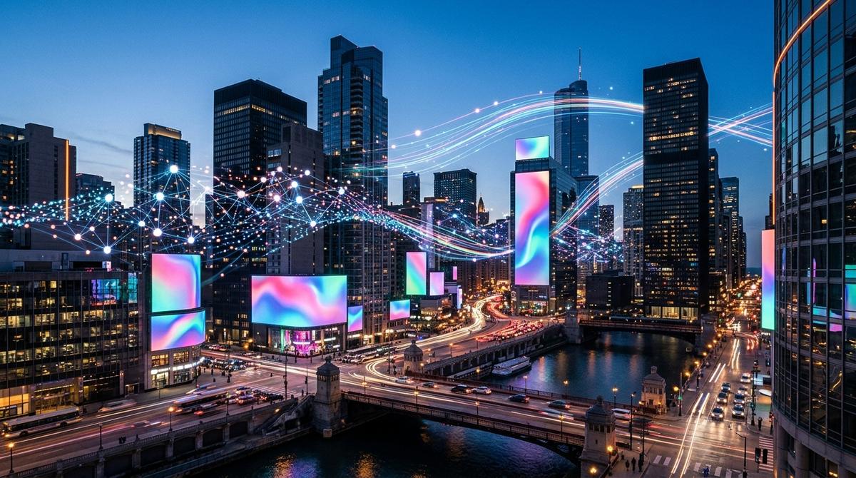 Connected digital billboards across a cityscape illustrating How Artificial Intelligence is Revolutionizing Programmatic Advertising