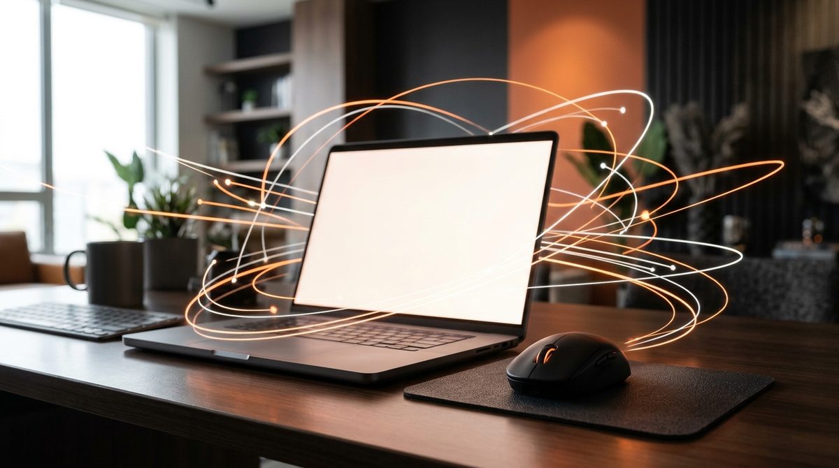Laptop with glowing light trails around the screen, illustrating Pay Per Click Ad Networks