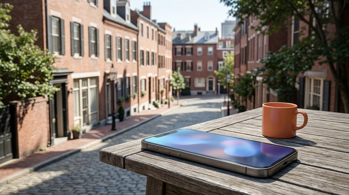Smartphone on a wooden table overlooking historic brick townhouses illustrating Boston Local SEO in 2025