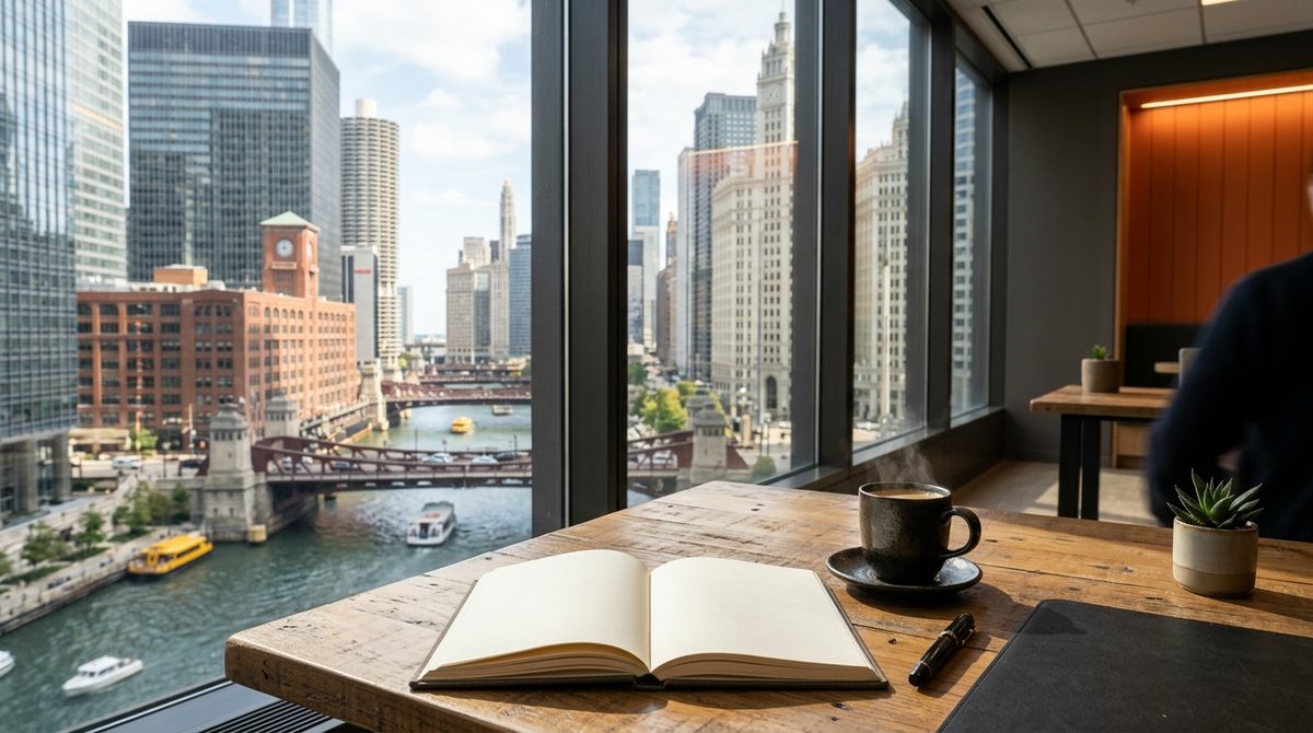 Open notebook on a desk overlooking the river, illustrating Content Marketing Services in Chicago
