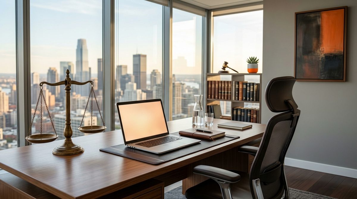 Laptop and scales of justice on an executive desk illustrating Digital Marketing for Lawyers