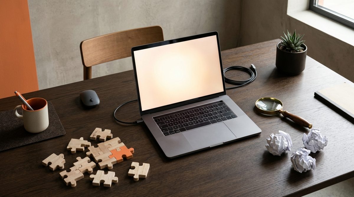 Laptop and puzzle pieces on desk illustrating Do You Make These 5 Common SEO Mistakes
