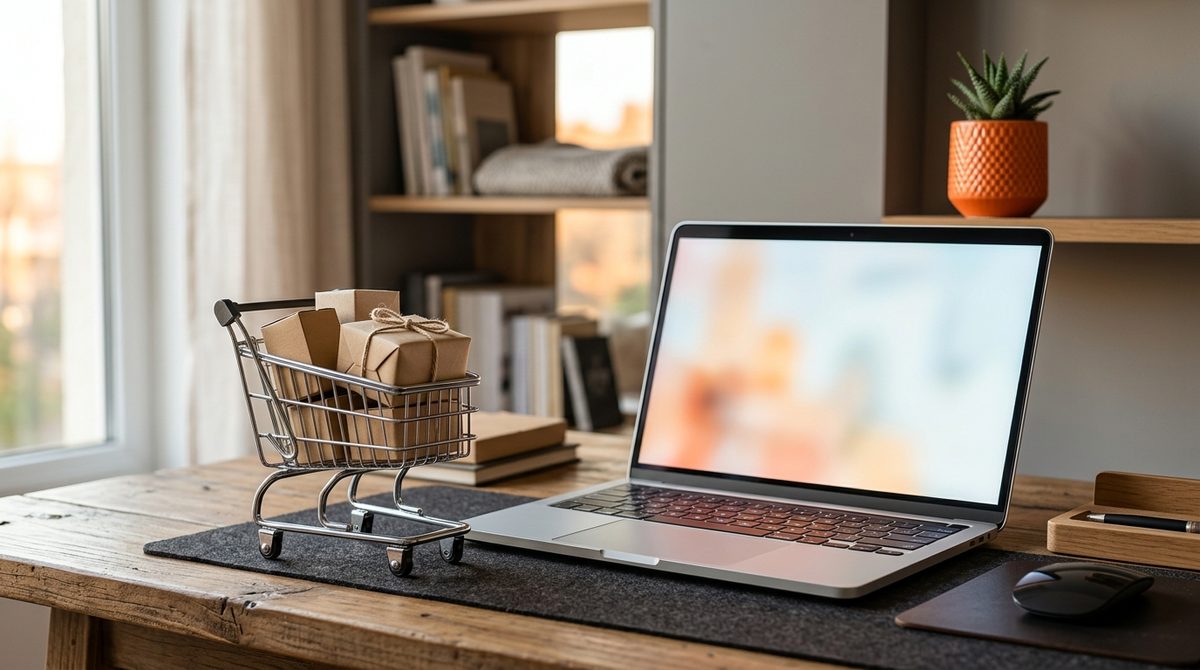 Mini shopping cart with packages beside a laptop, illustrating E-commerce Digital Marketing concepts