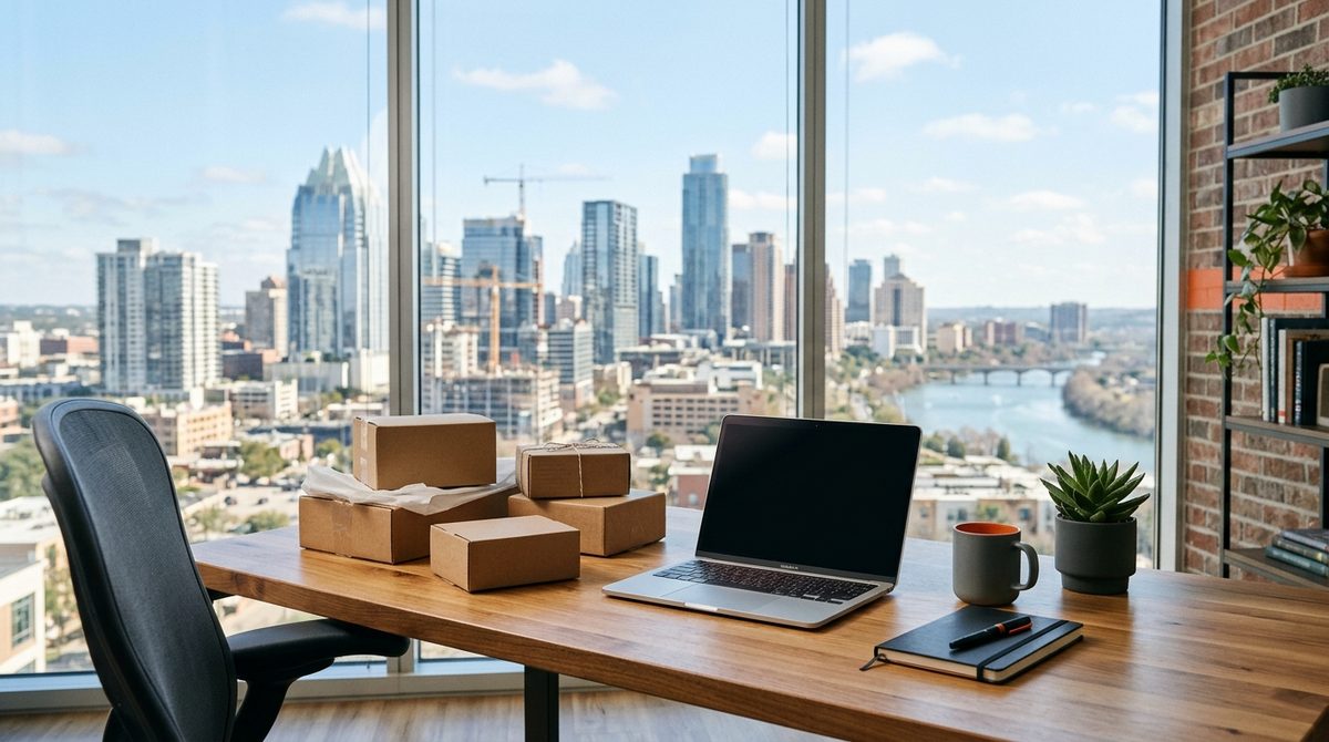 Desk with shipping boxes and laptop illustrating How to Dominate E-commerce SEO in Austin