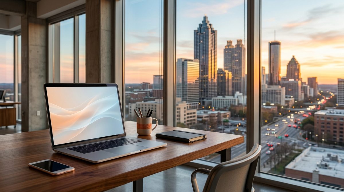 Laptop on a desk overlooking the cityscape, illustrating Future of Digital Marketing in Atlanta