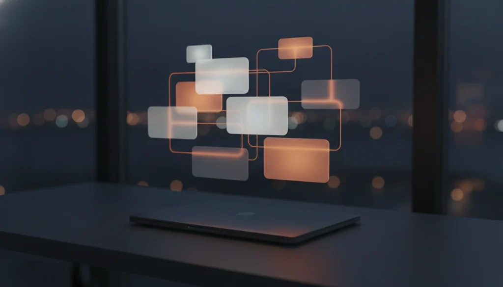 Abstract glowing orange AI answer panels floating above a blank laptop on a dark desk, suggesting AI-powered search overviews
