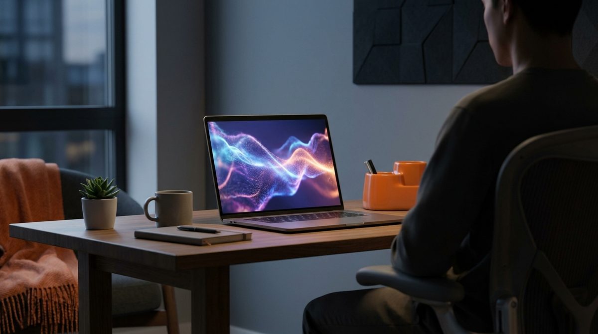 Person working on a laptop displaying colorful abstract graphics representing Search Generative Experience