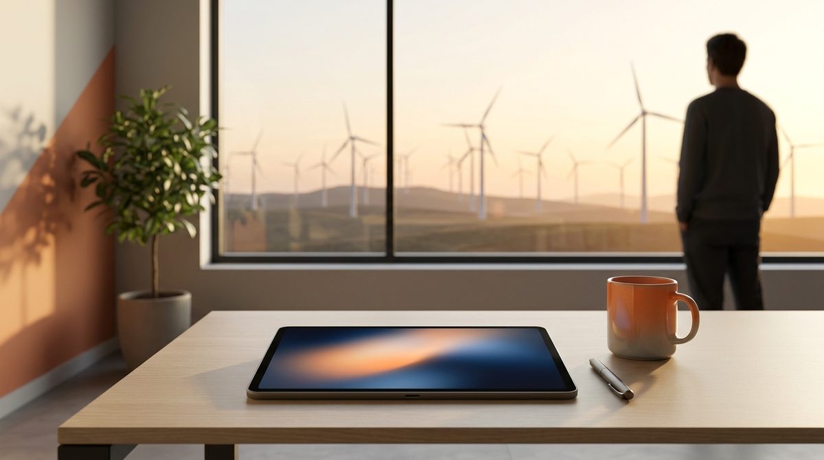 Tablet before wind turbines illustrating How Can Energy Companies Utilize Digital Marketing Services for Growth