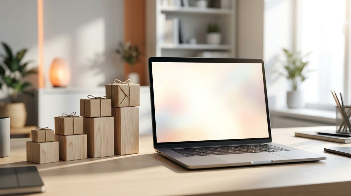 Laptop and rising parcels representing How To Improve Your Shopify Website Ranking on Google