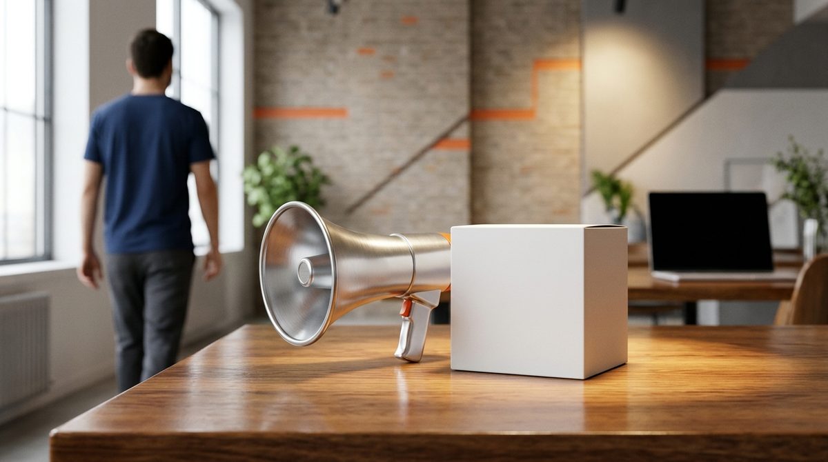 Megaphone and blank box on a desk demonstrating How to Promote a Product/Service