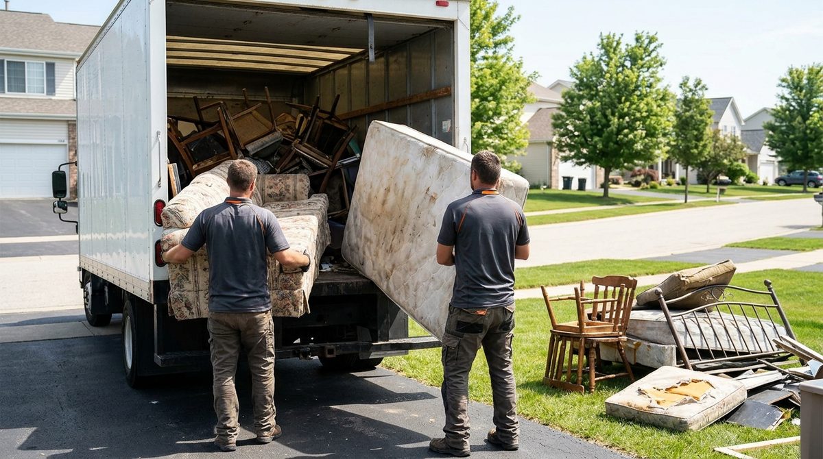 Junk removal crew loading a stained mattress and sofa into a hauling truck