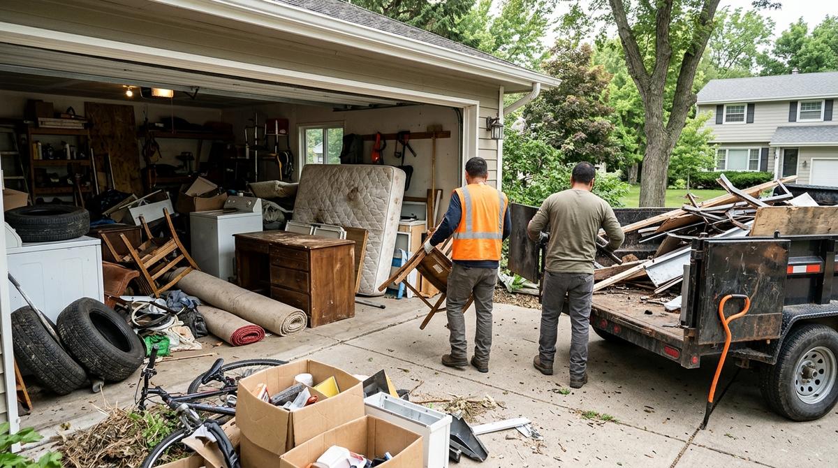 Garage cleanout junk removal with dump trailer, tires, and discarded furniture