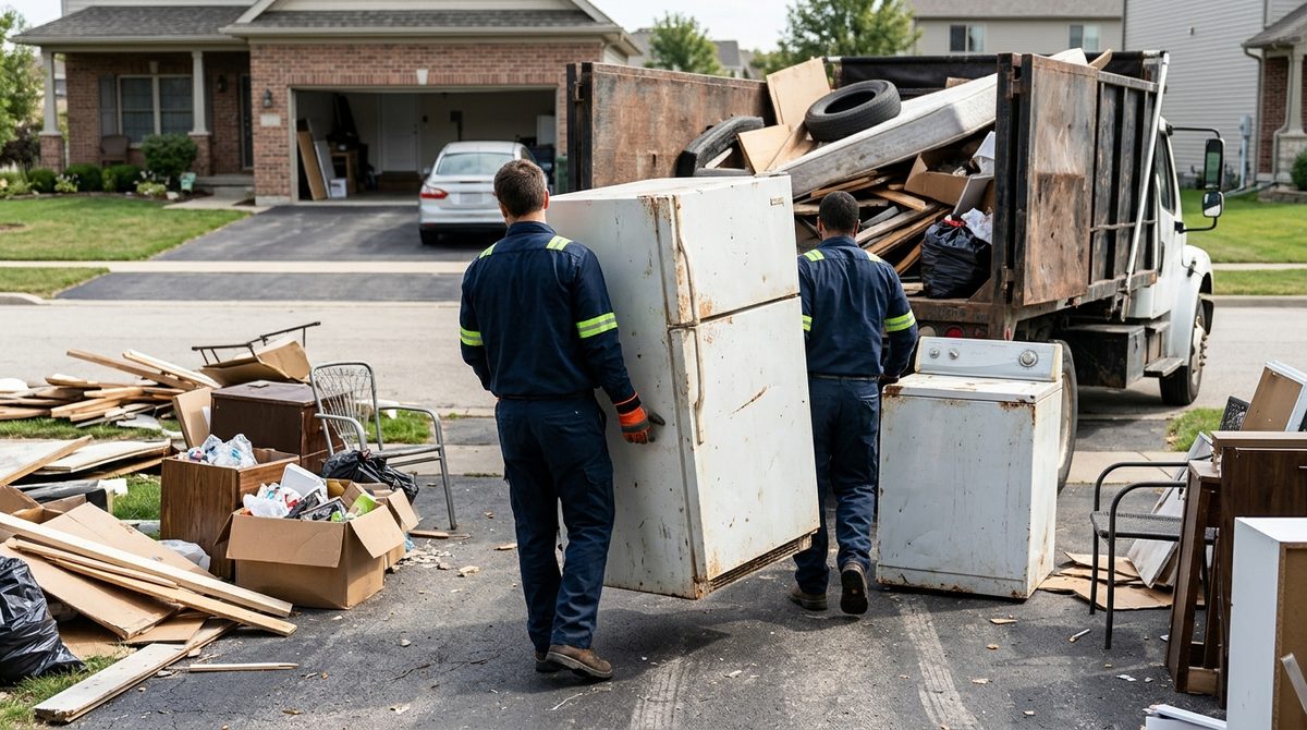 Junk removal crew loading an old refrigerator into a debris hauling truck