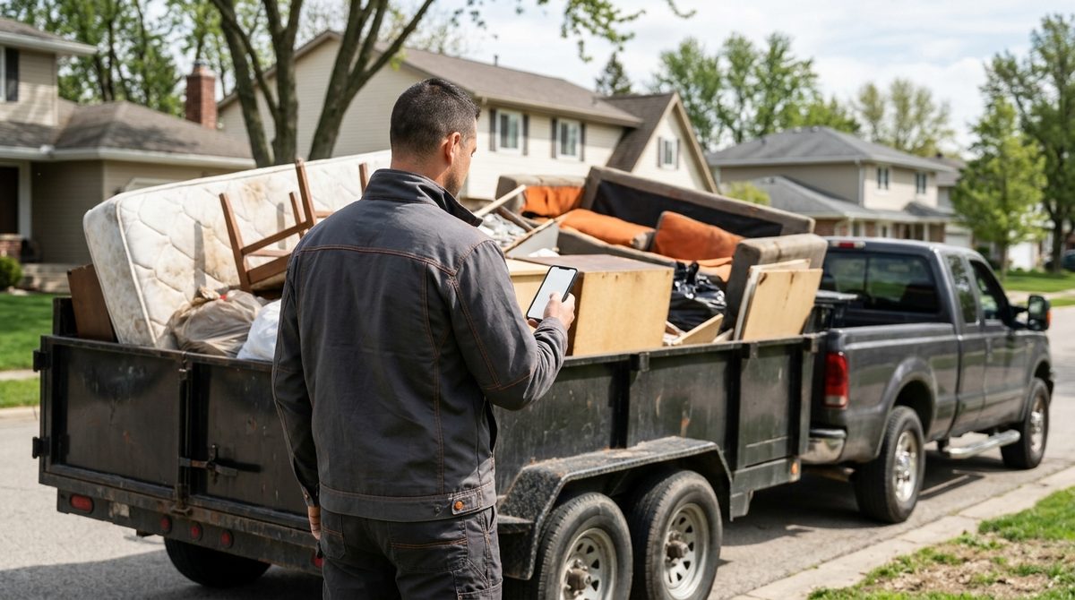 Junk removal owner beside a dump trailer loaded with discarded furniture checking a phone