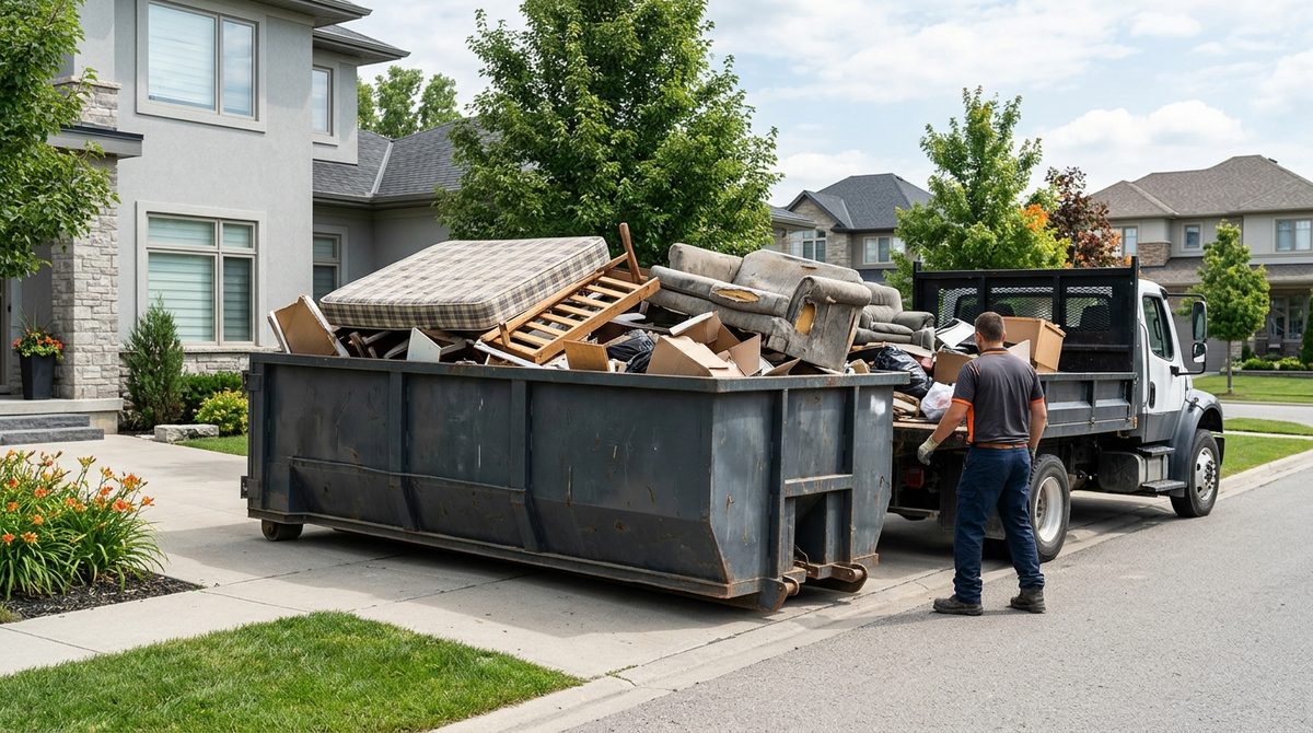 Roll-off dumpster filled with discarded mattress, sofa, and debris for junk removal