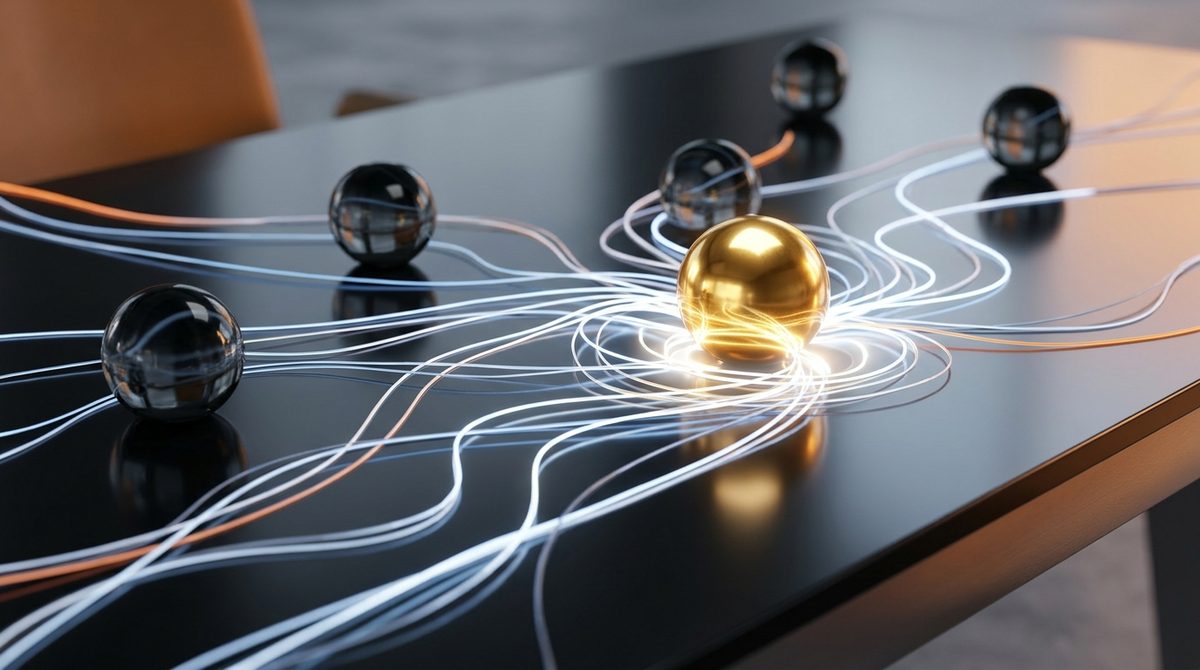 Glowing golden sphere connected to dark spheres, illustrating Leveraging Artificial Intelligence in Predictive Lead Scoring