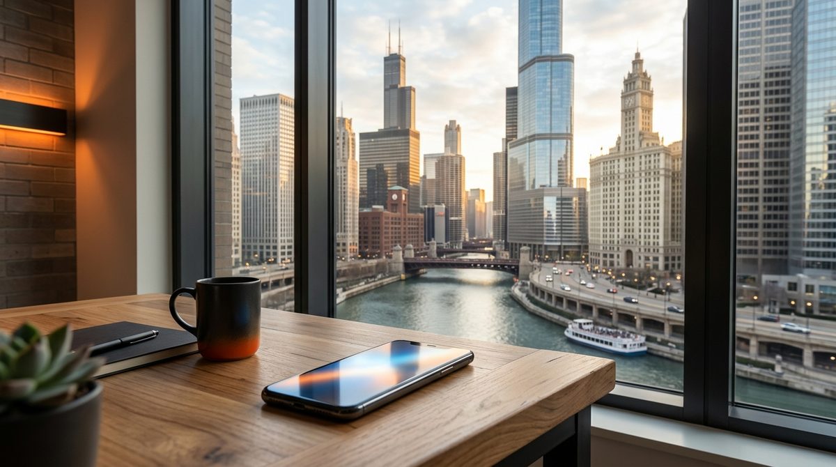 Desk overlooking Chicago skyline, illustrating How Local SEO Can Drive More Leads for Chicago Businesses