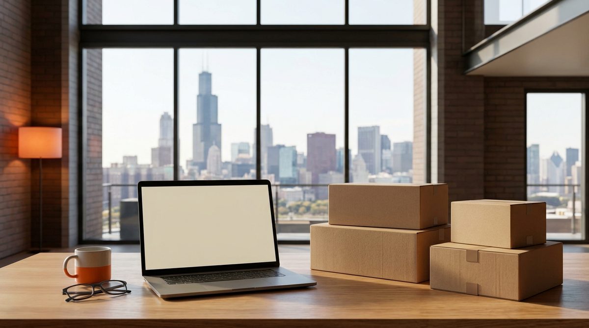 Desk with laptop and boxes illustrating Mastering Local SEO for Shopify Businesses in Chicago