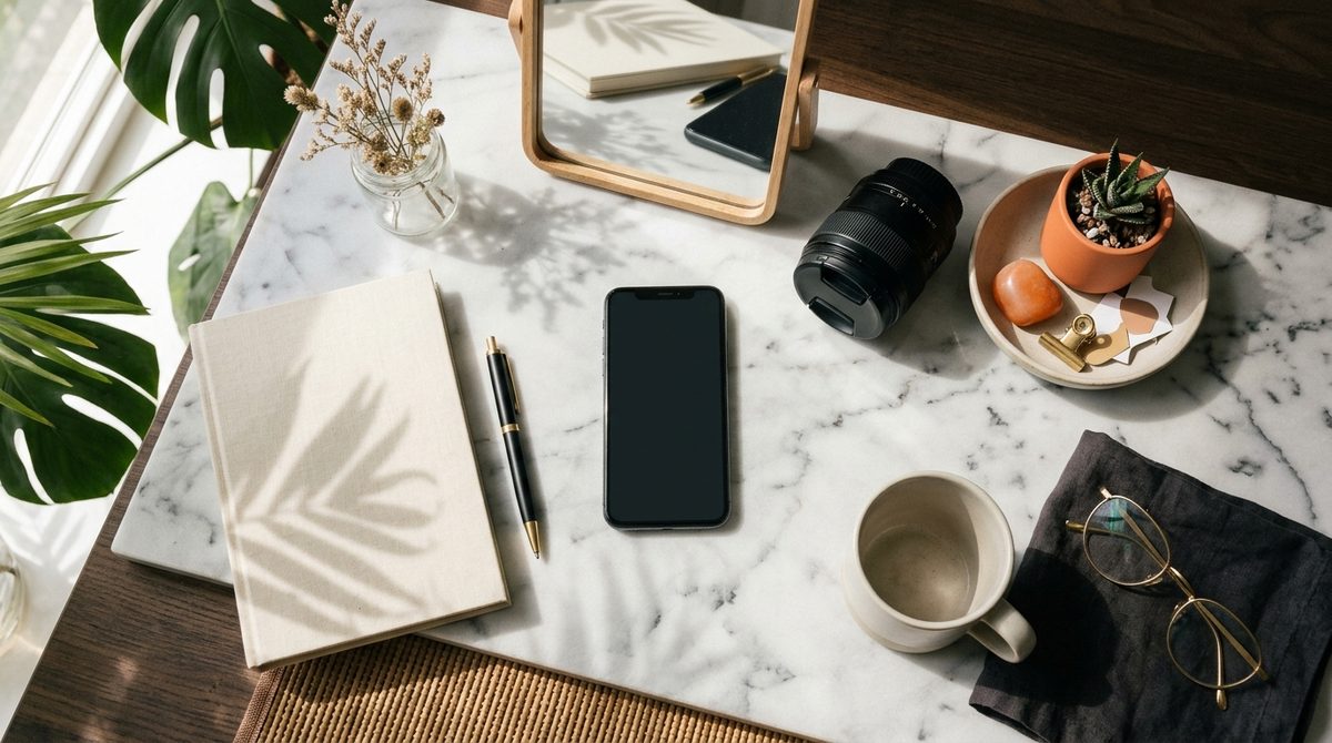 Smartphone and camera lens on a marble desk illustrating Maximizing Engagement on Instagram