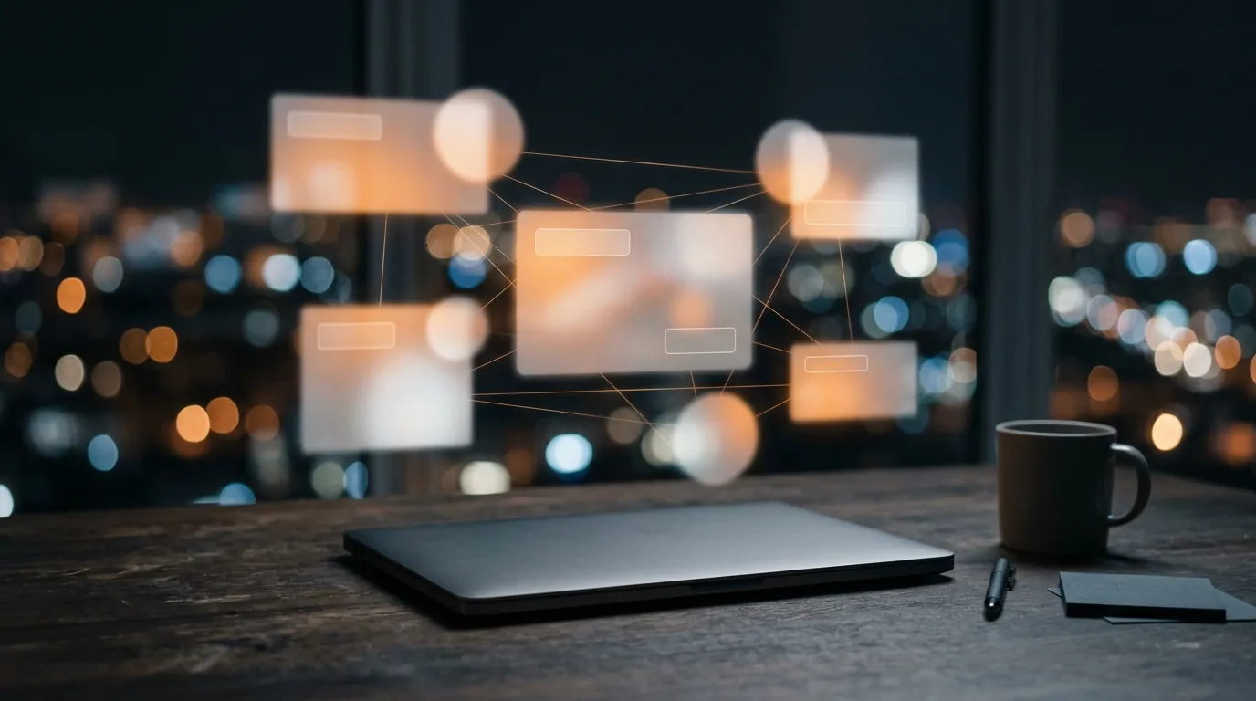 Abstract glowing orange search and answer panels floating above a blank closed laptop on a dark desk