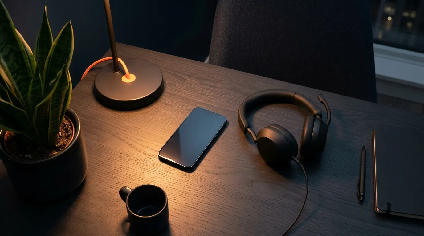 Clean dark desk with a blank phone and orange accent light suggesting a call to request a consultation