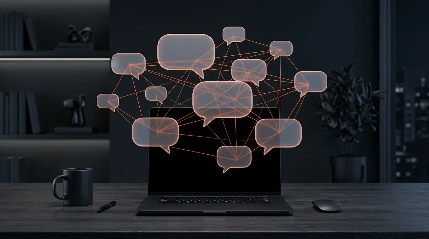 Abstract connected question bubbles as blank glowing orange shapes above a desk, suggesting FAQ query fan-out