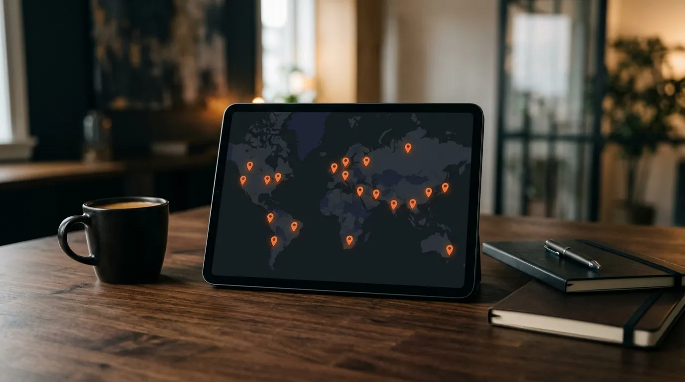 Abstract multi-city map pins on a dark desk suggesting a mover service area across several markets