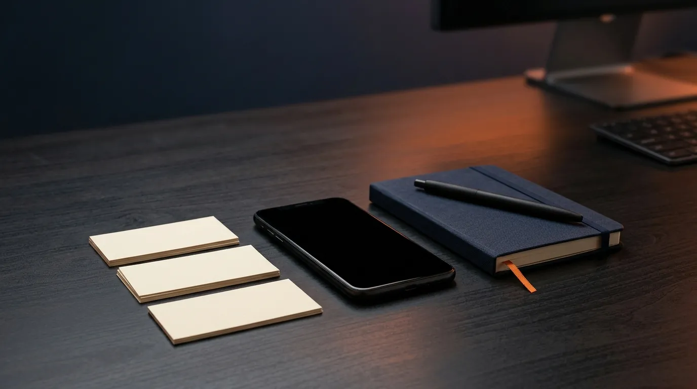Blank business cards and a phone on a dark desk representing consistent NAP business data