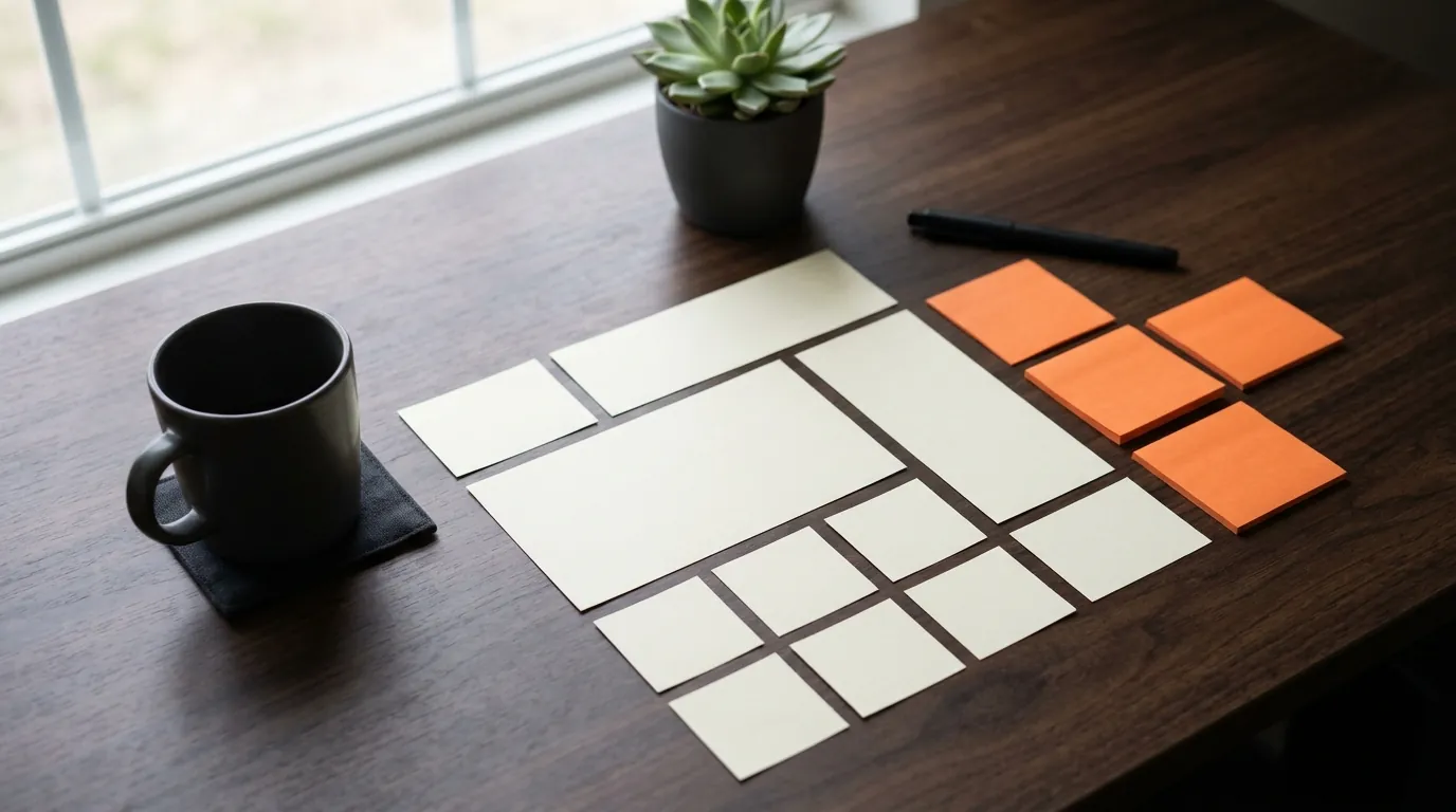 Blank wireframe cards and orange sticky notes on a dark desk planning a local landing page layout
