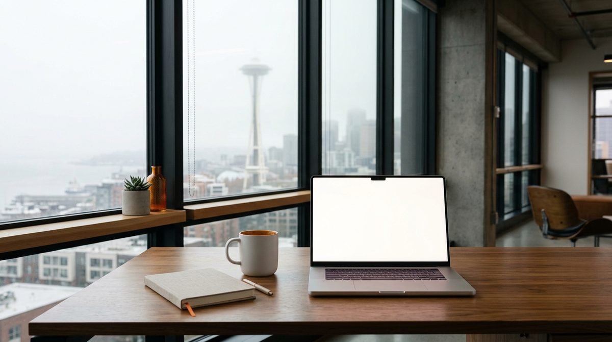 Laptop overlooking the Seattle Space Needle skyline illustrating PPC Management Tips for Seattle Startups