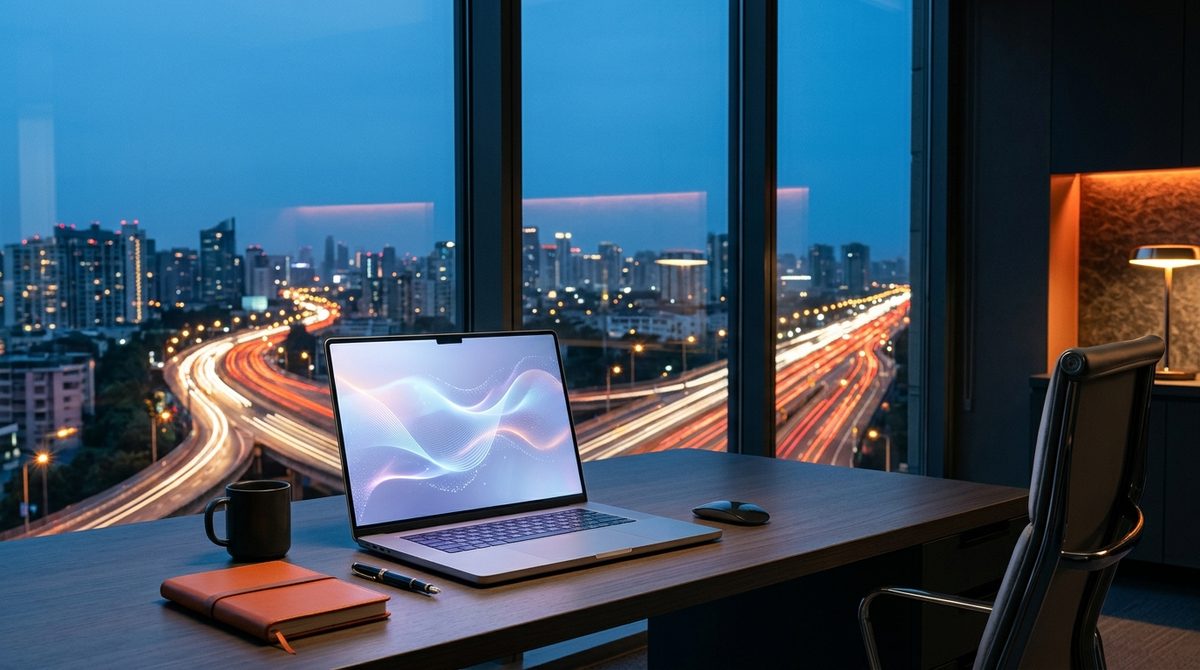 Laptop overlooking night city traffic illustrating Harnessing the Power of Predictive Analytics in Digital Marketing