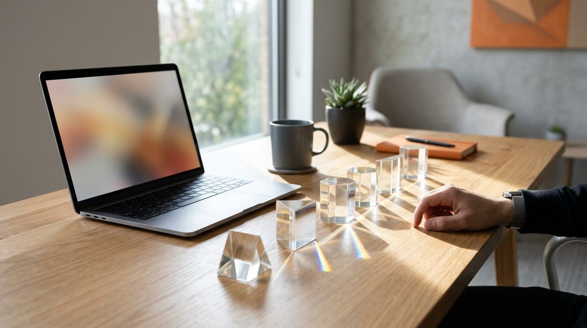 Desk with prisms and laptop illustrating Role of Landing Page Optimization in Conversion Rate Optimization