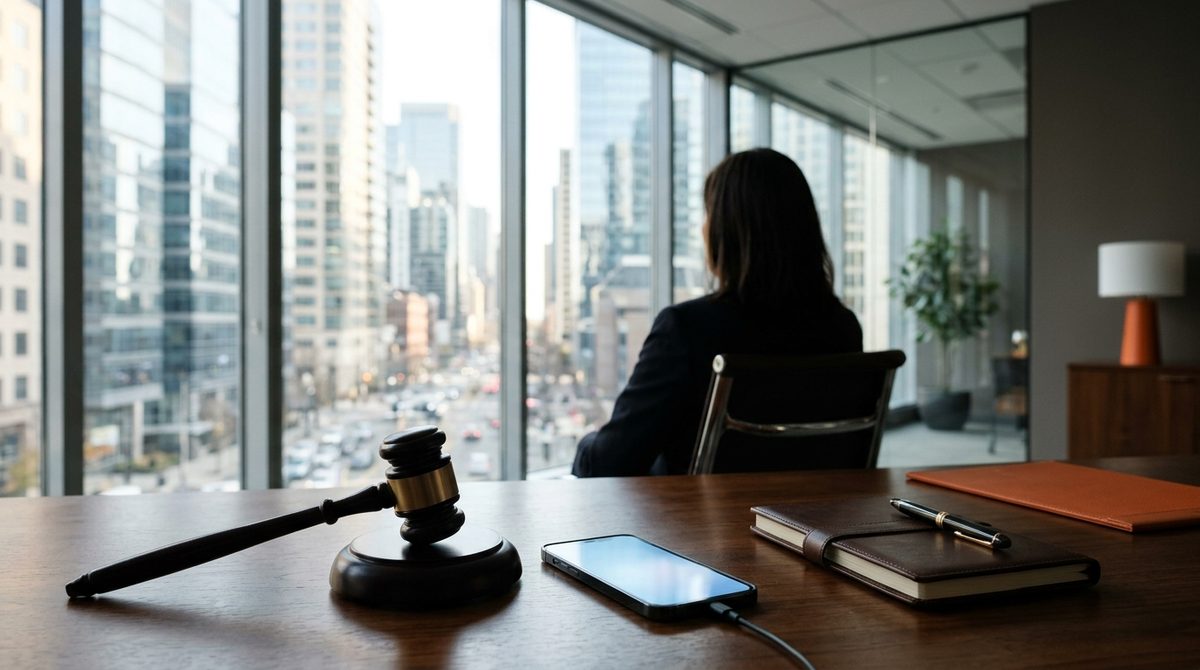 Desk with smartphone and gavel illustrating Social Media Marketing Guide for Law Firms