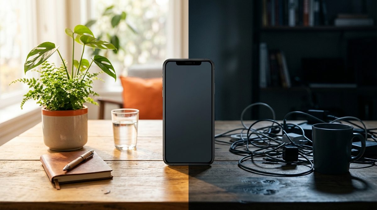 Smartphone dividing bright and dark desks illustrating Top 10 Advantages and Disadvantages of Social Media