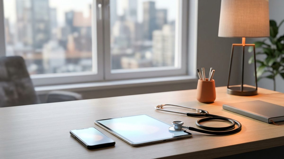Stethoscope and tablet on a desk illustrating Top 10 Benefits of Digital Marketing for Doctors