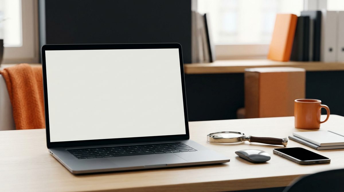 Desk setup with laptop and magnifying glass illustrating TOP 20 SEO TOOLS IN 2021