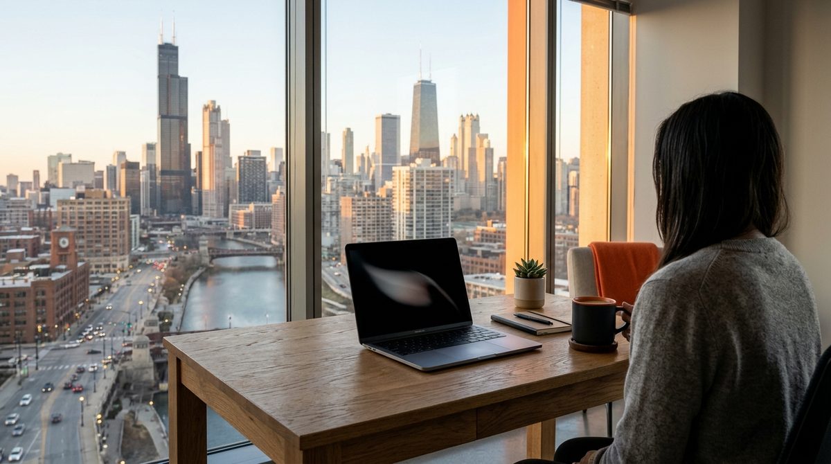 Desk overlooking city skyline illustrating Ultimate WordPress SEO Guide for Small Businesses in Chicago