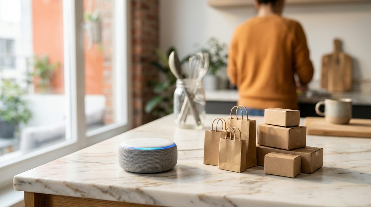 Speaker beside packages illustrating Why Voice Commerce is the Next Big Thing in Digital Marketing