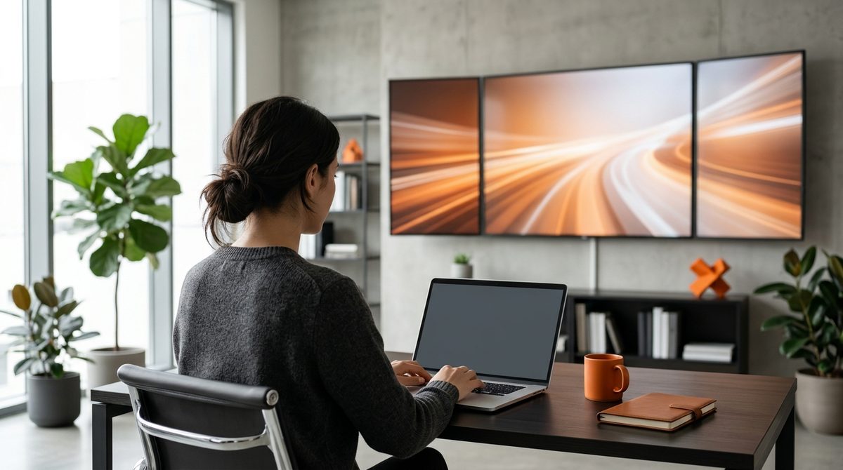 Woman working on a laptop in front of wall screens, illustrating Meta Search Engines