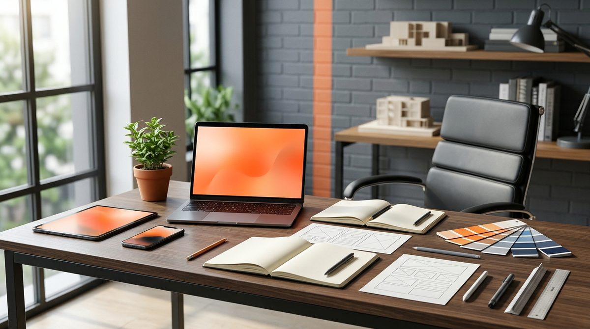 Workspace with wireframes and devices explaining What Does a Full-Service Web Design Company Offer