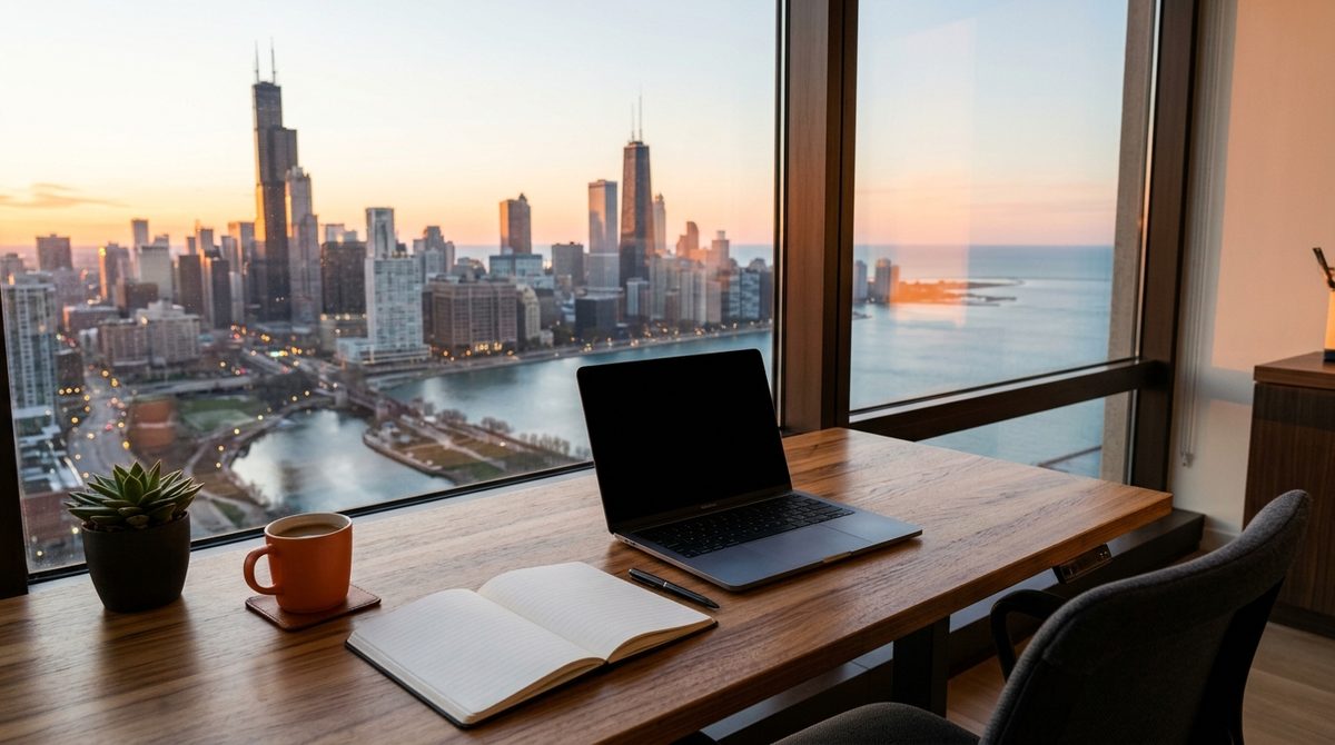 Desk overlooking the skyline illustrating Why Content Marketing Is Important for Your Chicago Businesses