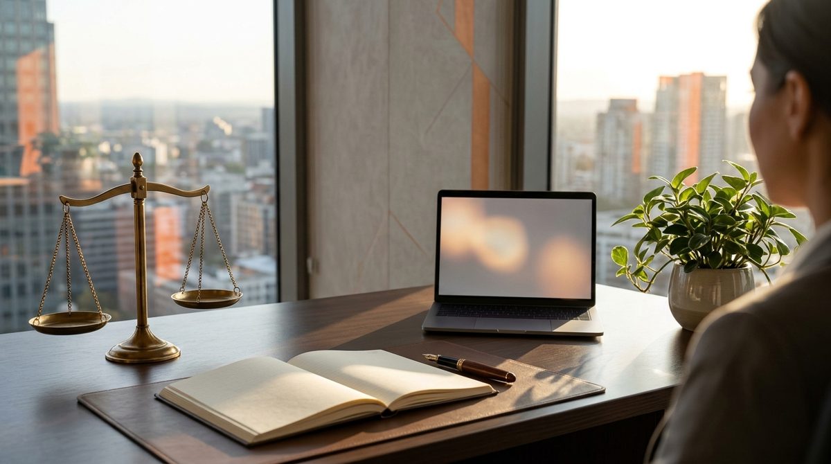 Law office desk with scales illustrating Why Content Marketing is Vital for Law Firm Growth