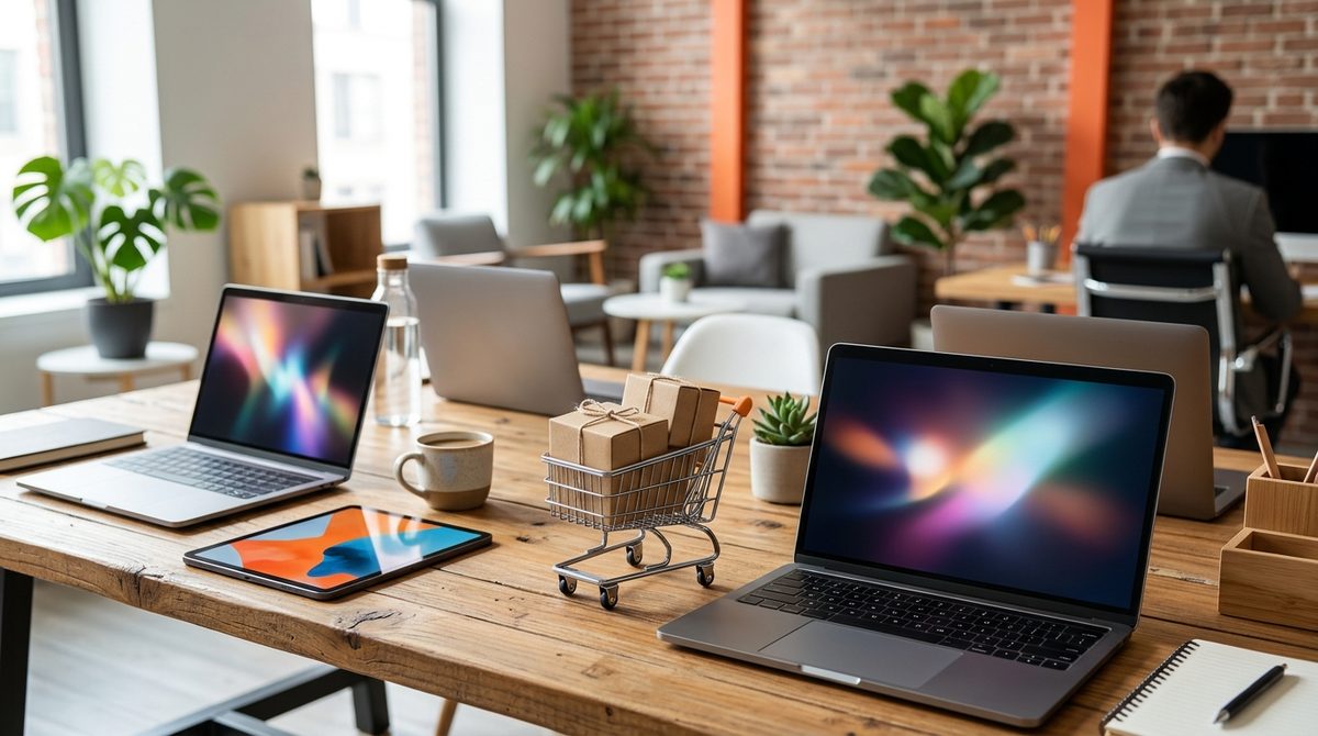Laptops and shopping cart illustrating Why Should You Hire an Agency for WooCommerce Development Services